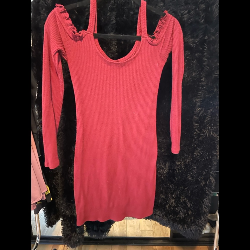 Merlot/ red long sleeve open shoulder minidress